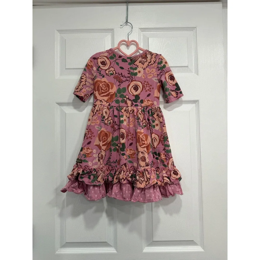 Matilda Jane Girls Pink Floral Ruffle Tiered Short Sleeve Dress Size 6